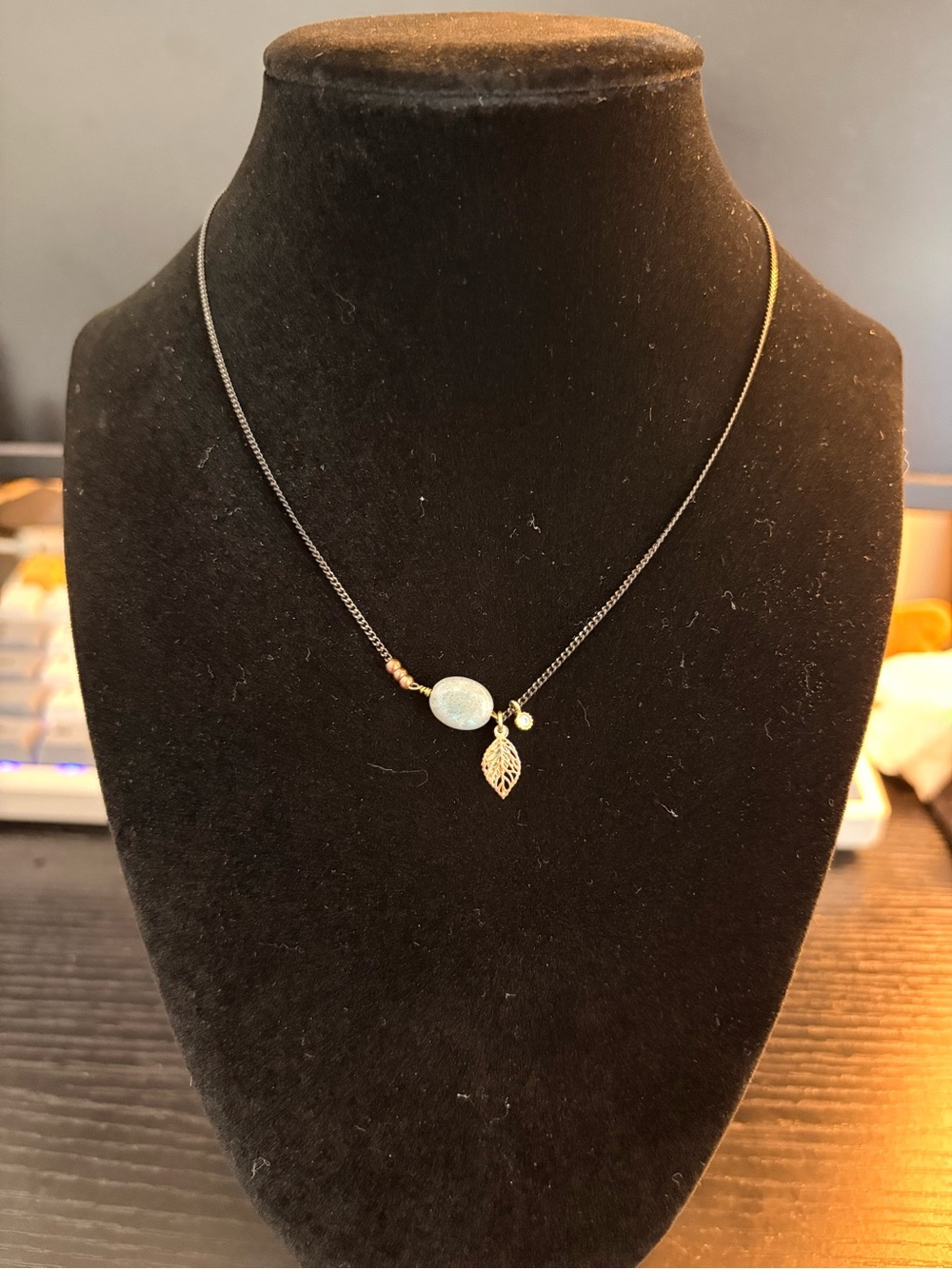 Handmade Delicate Gold Leaf Pendant Necklace with Light Blue Bead